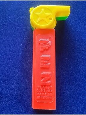 Vintage 3.9 PEZ Yellow/Green/Red Whistle Dispenser - No Feet Made in Hong Kong